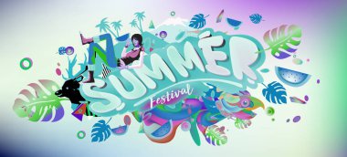 Yaz afiş renkli doodle arka plan ile. Olay ve satış promosyon posteri için tasarım şablonu.