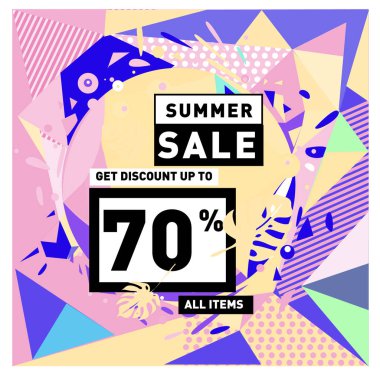 Yaz satış memphis tarzı web afiş. Moda ve seyahat poster indirim. Vektör tatil soyut renkli resimde kampanya ve promosyon.