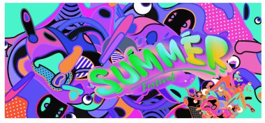 Yaz afiş renkli doodle arka plan ile. Olay ve satış promosyon posteri için tasarım şablonu.