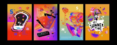 Renkli yaz poster ayarlayın. Tropikal yaz tasarım şablonu ve kapak. Yaz resimde unsurlar ve arka plan 