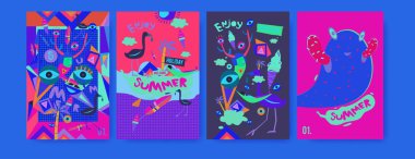 Yaz illüstrasyon poster, kapak ve reklam için kümesi. Retro ve vintage yaz tasarlamak. Yaz tatil arka plan şablonu 