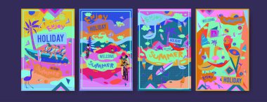 Yaz illüstrasyon poster, kapak ve reklam için kümesi. Retro ve vintage yaz tasarlamak. Yaz tatil arka plan şablonu 