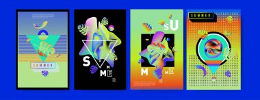 Renkli yaz poster ayarlayın. Tropikal yaz tasarım şablonu ve kapak. Yaz resimde unsurlar ve arka plan 