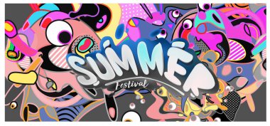 Yaz afiş renkli doodle arka plan ile. Olay ve satış promosyon posteri için tasarım şablonu.