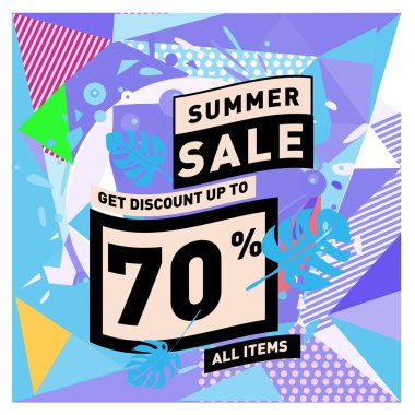 Yaz satış memphis tarzı web afiş. Moda ve seyahat poster indirim. Vektör tatil soyut renkli resimde kampanya ve promosyon.