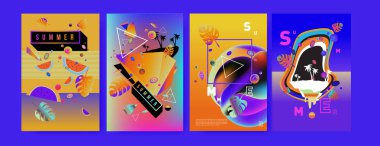 Renkli yaz poster ayarlayın. Tropikal yaz tasarım şablonu ve kapak. Yaz resimde unsurlar ve arka plan 