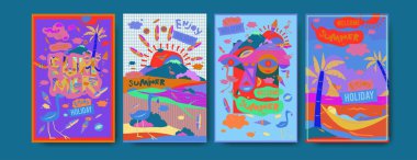 Yaz illüstrasyon poster, kapak ve reklam için kümesi. Retro ve vintage yaz tasarlamak. Yaz tatil arka plan şablonu 