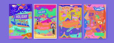 Yaz illüstrasyon poster, kapak ve reklam için kümesi. Retro ve vintage yaz tasarlamak. Yaz tatil arka plan şablonu 