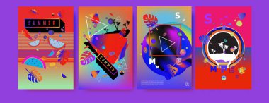 Renkli yaz poster ayarlayın. Tropikal yaz tasarım şablonu ve kapak. Yaz resimde unsurlar ve arka plan 