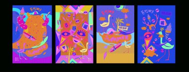 Yaz illüstrasyon poster, kapak ve reklam için kümesi. Retro ve vintage yaz tasarlamak. Yaz tatil arka plan şablonu 