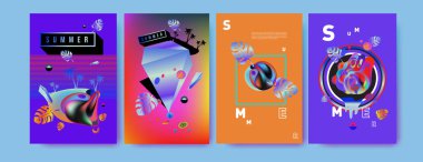 Renkli yaz poster ayarlayın. Tropikal yaz tasarım şablonu ve kapak. Yaz resimde unsurlar ve arka plan 