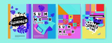 Yaz renkli poster tasarım şablonu. Yaz satış arka plan ve örnek kümesi. Yaz olay poster ve başlık sayfası için minimalist tasarım stil 