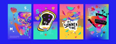 Renkli yaz poster ayarlayın. Tropikal yaz tasarım şablonu ve kapak. Yaz resimde unsurlar ve arka plan 