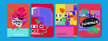 Yaz renkli poster tasarım şablonu. Yaz satış arka plan ve örnek kümesi. Yaz olay poster ve başlık sayfası için minimalist tasarım stil 