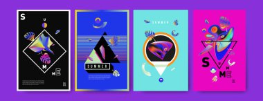 Renkli yaz poster ayarlayın. Tropikal yaz tasarım şablonu ve kapak. Yaz resimde unsurlar ve arka plan 