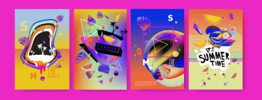 Renkli yaz poster ayarlayın. Tropikal yaz tasarım şablonu ve kapak. Yaz resimde unsurlar ve arka plan 