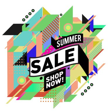 Yaz satış memphis tarzı web afiş. Moda ve seyahat poster indirim. Vektör tatil soyut renkli resimde kampanya ve promosyon.