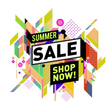 Yaz satış memphis tarzı web afiş. Moda ve seyahat poster indirim. Vektör tatil soyut renkli resimde kampanya ve promosyon.
