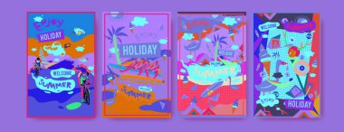 Yaz illüstrasyon poster, kapak ve reklam için kümesi. Retro ve vintage yaz tasarlamak. Yaz tatil arka plan şablonu 