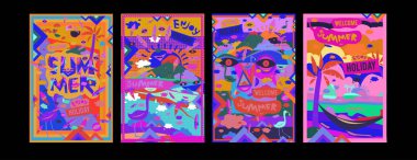 Yaz illüstrasyon poster, kapak ve reklam için kümesi. Retro ve vintage yaz tasarlamak. Yaz tatil arka plan şablonu 