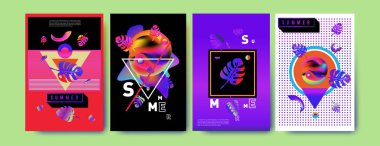 Renkli yaz poster ayarlayın. Tropikal yaz tasarım şablonu ve kapak. Yaz resimde unsurlar ve arka plan 