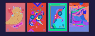 Yaz illüstrasyon poster, kapak ve reklam için kümesi. Retro ve vintage yaz tasarlamak. Yaz tatil arka plan şablonu 