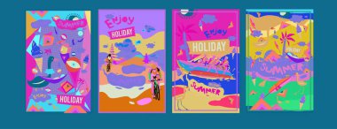 Yaz illüstrasyon poster, kapak ve reklam için kümesi. Retro ve vintage yaz tasarlamak. Yaz tatil arka plan şablonu 