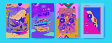 Yaz illüstrasyon poster, kapak ve reklam için kümesi. Retro ve vintage yaz tasarlamak. Yaz tatil arka plan şablonu 
