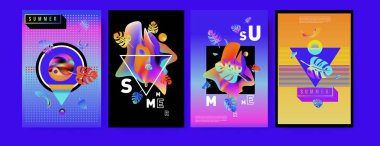 Renkli yaz poster ayarlayın. Tropikal yaz tasarım şablonu ve kapak. Yaz resimde unsurlar ve arka plan 