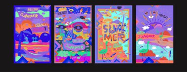 Yaz illüstrasyon poster, kapak ve reklam için kümesi. Retro ve vintage yaz tasarlamak. Yaz tatil arka plan şablonu 