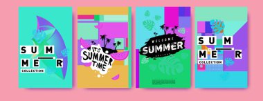 Yaz renkli poster tasarım şablonu. Yaz satış arka plan ve örnek kümesi. Yaz olay poster ve başlık sayfası için minimalist tasarım stil 