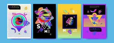 Renkli yaz poster ayarlayın. Tropikal yaz tasarım şablonu ve kapak. Yaz resimde unsurlar ve arka plan 