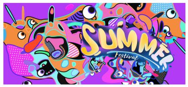 Yaz afiş renkli doodle arka plan ile. Olay ve satış promosyon posteri için tasarım şablonu.