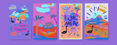 Yaz illüstrasyon poster, kapak ve reklam için kümesi. Retro ve vintage yaz tasarlamak. Yaz tatil arka plan şablonu 