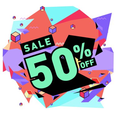 Yaz satış memphis tarzı web afiş. Moda ve seyahat poster indirim. Vektör tatil soyut renkli resimde kampanya ve promosyon.