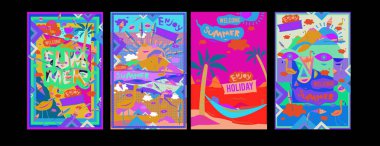 Yaz illüstrasyon poster, kapak ve reklam için kümesi. Retro ve vintage yaz tasarlamak. Yaz tatil arka plan şablonu 