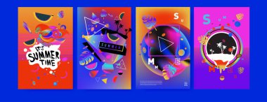 Renkli yaz poster ayarlayın. Tropikal yaz tasarım şablonu ve kapak. Yaz resimde unsurlar ve arka plan 