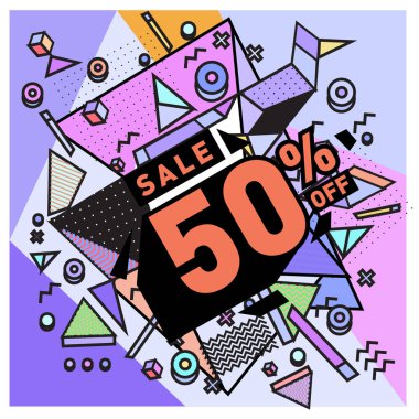 Yaz satış memphis tarzı web afiş. Moda ve seyahat poster indirim. Vektör tatil soyut renkli resimde kampanya ve promosyon.