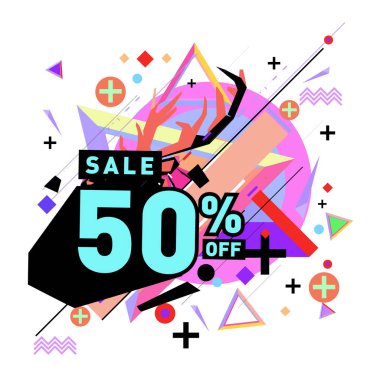 Yaz satış memphis tarzı web afiş. Moda ve seyahat poster indirim. Vektör tatil soyut renkli resimde kampanya ve promosyon.