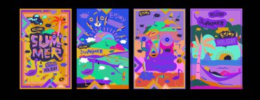 Yaz illüstrasyon poster, kapak ve reklam için kümesi. Retro ve vintage yaz tasarlamak. Yaz tatil arka plan şablonu 