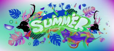 Yaz afiş renkli doodle arka plan ile. Olay ve satış promosyon posteri için tasarım şablonu.