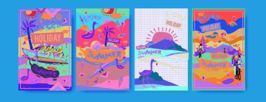 Yaz illüstrasyon poster, kapak ve reklam için kümesi. Retro ve vintage yaz tasarlamak. Yaz tatil arka plan şablonu 