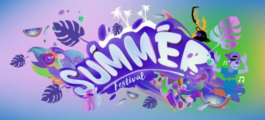 Yaz afiş renkli doodle arka plan ile. Olay ve satış promosyon posteri için tasarım şablonu.