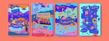 Yaz illüstrasyon poster, kapak ve reklam için kümesi. Retro ve vintage yaz tasarlamak. Yaz tatil arka plan şablonu 
