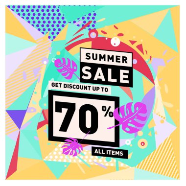 Yaz satış memphis tarzı web afiş. Moda ve seyahat poster indirim. Vektör tatil soyut renkli resimde kampanya ve promosyon.