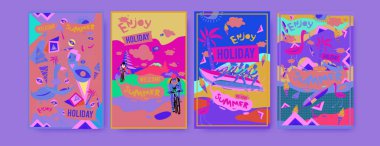 Yaz illüstrasyon poster, kapak ve reklam için kümesi. Retro ve vintage yaz tasarlamak. Yaz tatil arka plan şablonu 