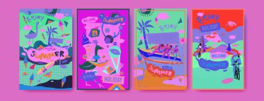 Yaz illüstrasyon poster, kapak ve reklam için kümesi. Retro ve vintage yaz tasarlamak. Yaz tatil arka plan şablonu 