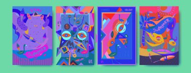 Yaz illüstrasyon poster, kapak ve reklam için kümesi. Retro ve vintage yaz tasarlamak. Yaz tatil arka plan şablonu 