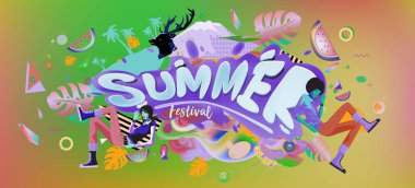 Yaz afiş renkli doodle arka plan ile. Olay ve satış promosyon posteri için tasarım şablonu.