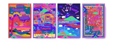 Yaz illüstrasyon poster, kapak ve reklam için kümesi. Retro ve vintage yaz tasarlamak. Yaz tatil arka plan şablonu 
